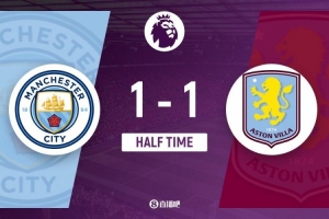 半场-曼城暂1-1维拉 B席建功 拉什福德中柱+点射扳平